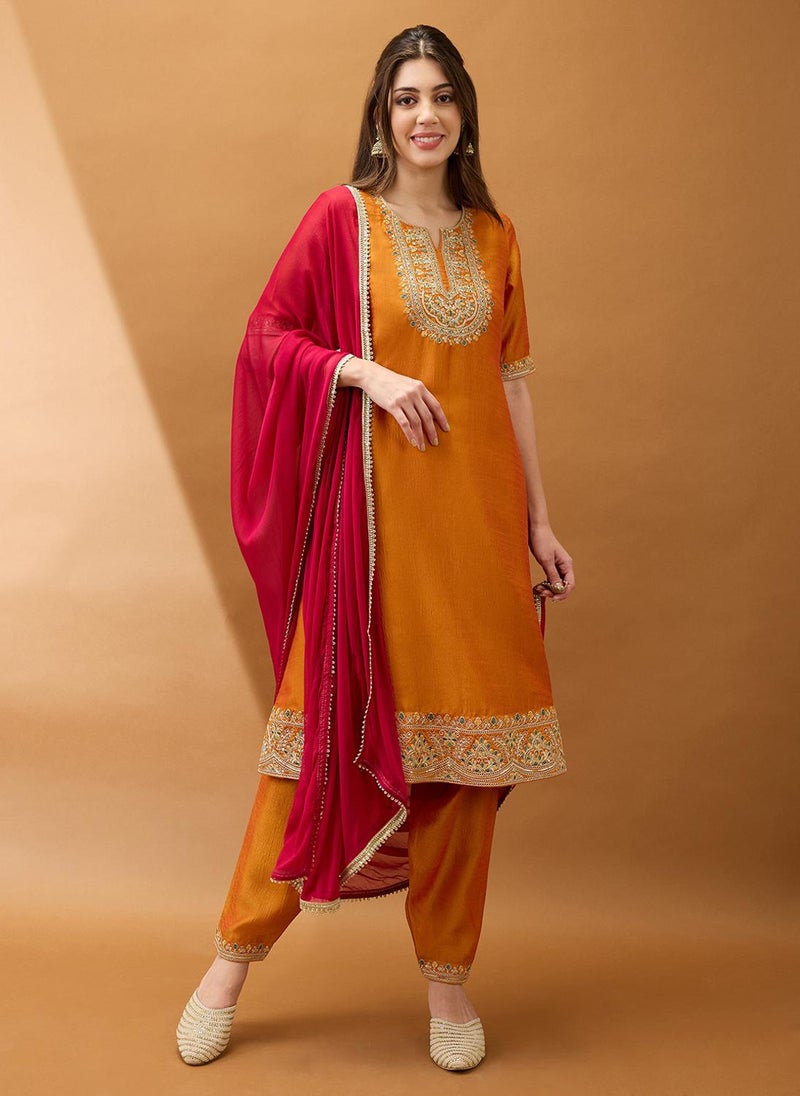 Globus Women Yellow Sequinned Zari Embroidered Yoke A-Line Kurta With Pant & Contrast Dupatta Festive Set - Image 1